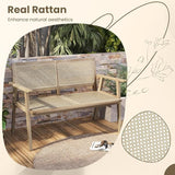 Tangkula Outdoor Teak Wood Garden Bench, 2-Person Patio Bench with Armrests, Rattan Backrest & Seat - Photo 7