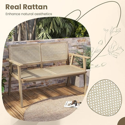 Tangkula Outdoor Teak Wood Garden Bench, 2-Person Patio Bench with Armrests, Rattan Backrest & Seat, Patio Garden Bench for Porch, Lawn, Balcony and Backyard, Natural