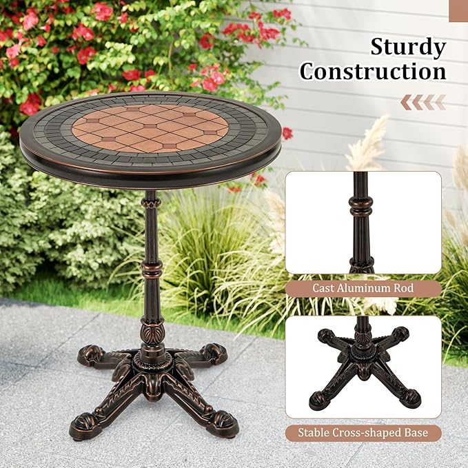 HAPPYGRILL 24” Patio Side Table, Outdoor Cast Aluminum End Table w/Painted Tabletop & Cross-Shaped Base, Mid Century Coffee Table Decorative Accent Table for Living Room Backyard Garden