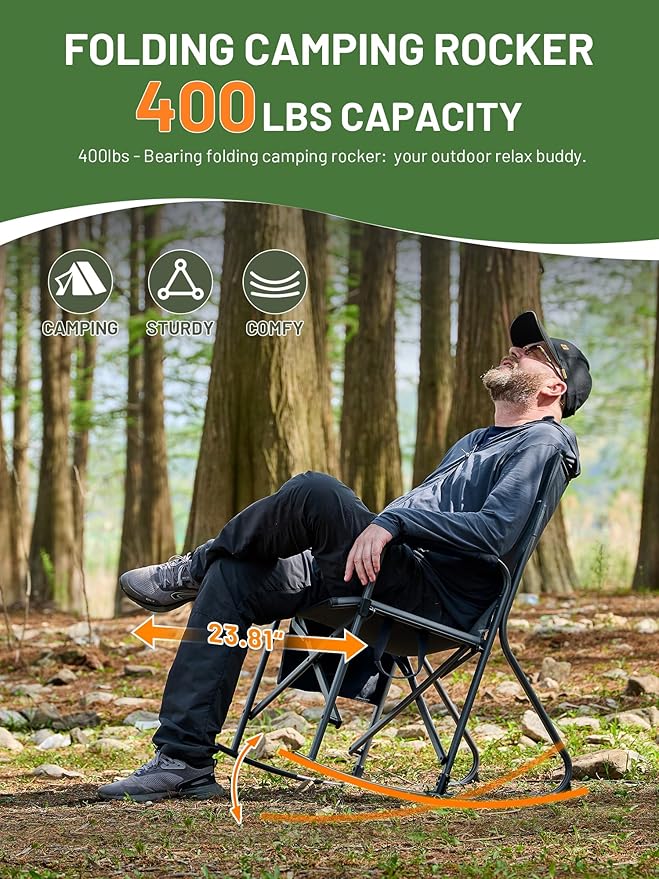 Timber Ridge Folding Oversized Rocking Camping Chair, 400lbs Capacity Portable Outdoor Rocker with Hard Armrests, Cup Holder & Side Pocket, Quick-Fold Design for Outdoor, Patio, Lawn, Grey