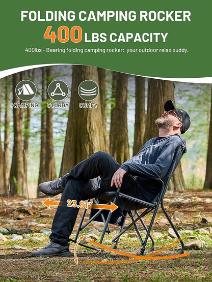 Timber Ridge Folding Oversized Rocking Camping Chair, 400lbs Capacity Portable Outdoor Rocker with Hard Armrests, Cup Holder & Side Pocket, Quick-Fold Design for Outdoor, Patio, Lawn, Grey
