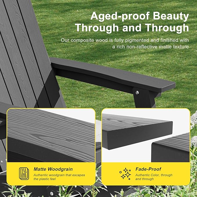 HDPE Foldable Adirondack Outdoor Chair Set of 2 with Cup Holder, Weather Resistant Heavy-Duty Patio Chair for Patio, Backyard, Deck, Fire Pit, Lawn and Porch, Grey