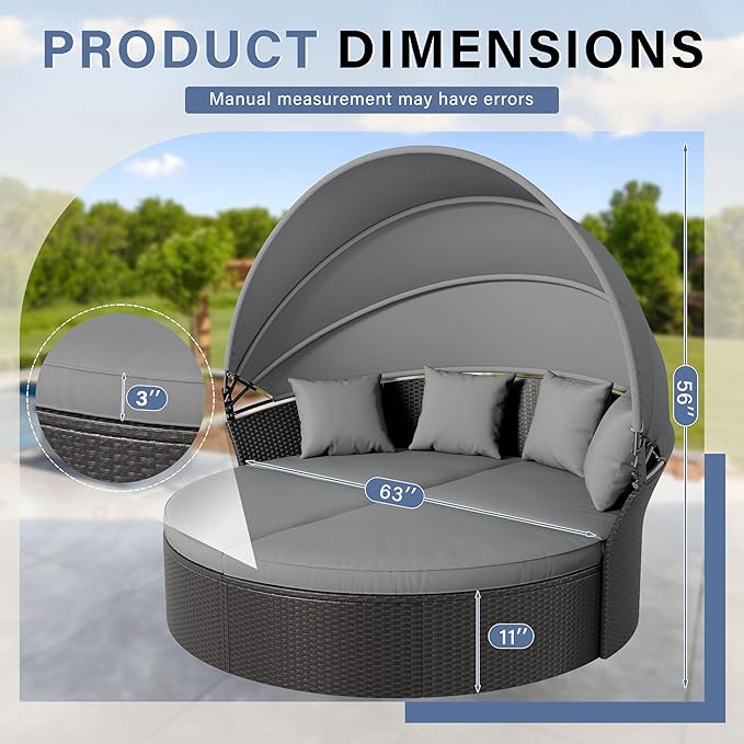 Crownland Outdoor Round Daybed with Retractable Canopy, Patio Daybed with Washable Cushions, Clamshell Sectional Seating - Photo 6