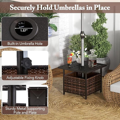 Giantex Outdoor Side Table with Umbrella Hole, 22" Wicker Umbrella Stand Holder and Base, Weather-Resistant PE Rattan Patio End Table for Deck Garden Poolside (Metal Tabletop, Brown)