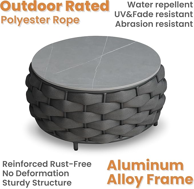 Round Patio Accent Table: φ25.6''/65cm Aluminum Coffee Tables - Hand Woven Rope Side Table Assembled - Metal Modern Outdoor Furniture for 176lbs Deck Porch Garden Pool Balcony Hotel, Dark Gray
