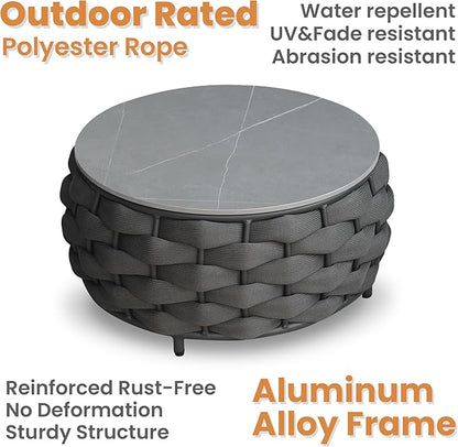 Round Patio Accent Table: φ25.6''/65cm Aluminum Coffee Tables - Hand Woven Rope Side Table Assembled - Metal Modern Outdoor Furniture for 176lbs Deck Porch Garden Pool Balcony Hotel, Dark Gray