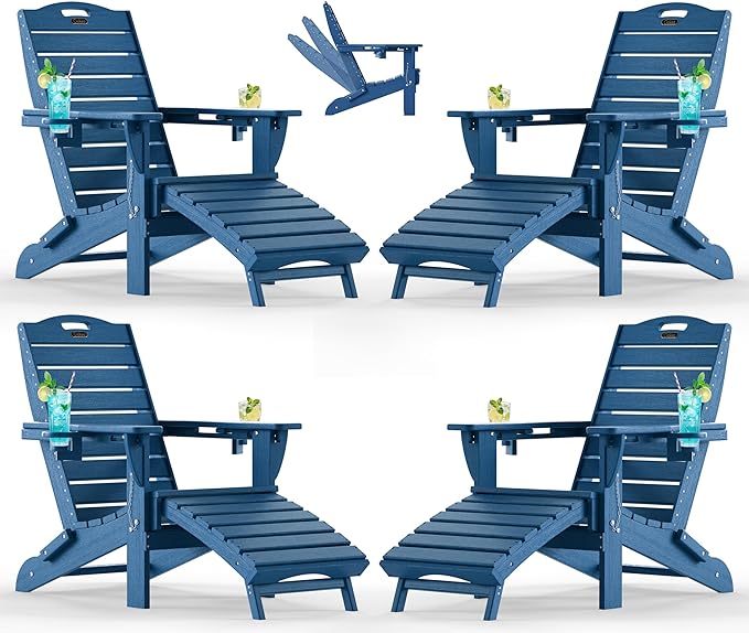 Ciokea Folding Adirondack Chair Set of 4 with Retractable Ottoman Fire Pit Patio Chair with Pull Out Foot Rest Weather - Photo 1