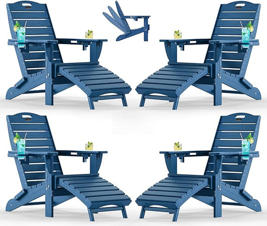Ciokea Folding Adirondack Chair Set of 4 with Retractable Ottoman Fire Pit Patio Chair with Pull Out Foot Rest Weather Resistant Lawn Outdoor Chair with 2 Cup Holder (Navy Blue)
