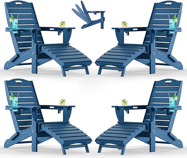 Ciokea Folding Adirondack Chair Set of 4 with Retractable Ottoman Fire Pit Patio Chair with Pull Out Foot Rest Weather - Photo 1