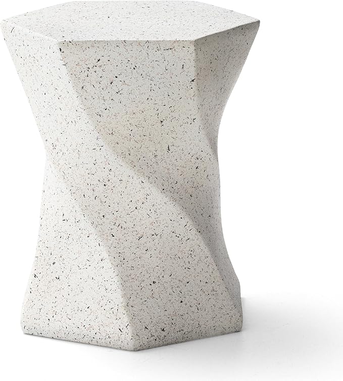Glitzhome Outdoor Side Table, 17.75" H Decorative Garden Stool MGO Twist Faux Terrazzo End Table, Round Planter Stand for Indoor Outdoor Living Room Bedroom Patio Deck Poolside, White