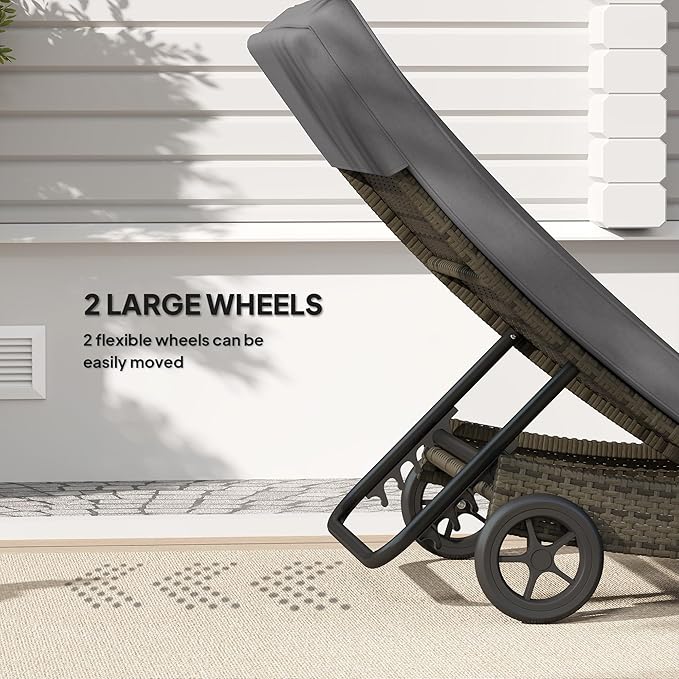 Outsunny Wicker Chaise Lounge Chair Outdoor with Wheels & Cushion, PE Rattan Patio Lounge Chair with 5-Level Adjustable Backrest for Poolside, Garden, Gray