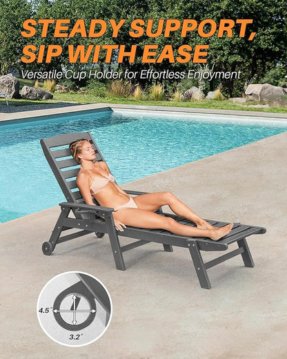 HDPE Outdoor Chaise Lounge Chair, 78.4'' Adjustable Outdoor Lounger with Wheels & Cup Holder, 5 Positions Poly Lounge Chair Furniture, HDPE Patio Lounge Chair for Poolside, Deck, Smoke Gray