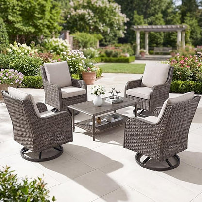 5 Piece Wicker Patio Furniture Set, Outdoor Conversation Set with Deep Seating Swivel Chairs Set of 4 and Rattan Coffee Table, Outdoor Furniture Set for Porch Balcony Garden Poolside (Brown/Beige)