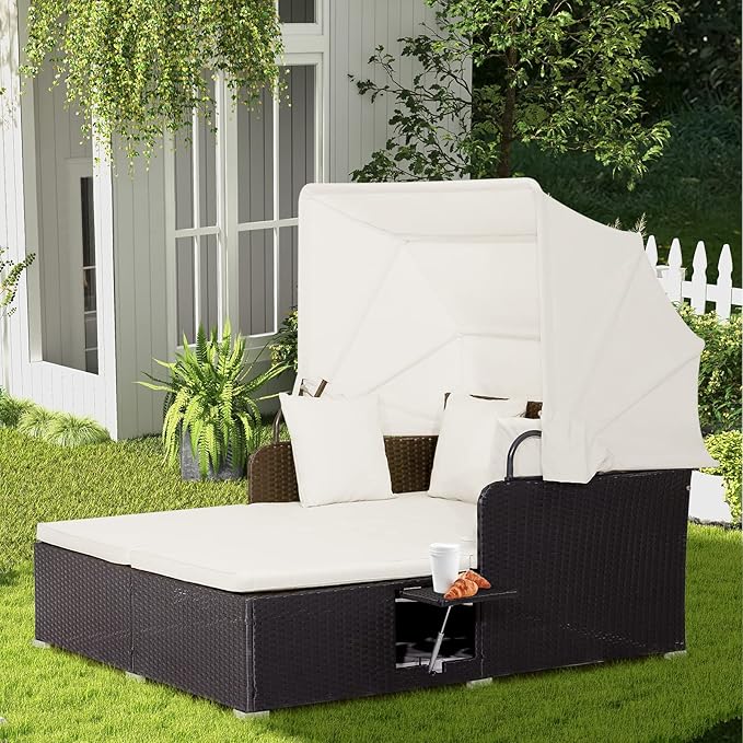 RELAX4LIFE Patio Outdoor Daybed with Canopy, Wicker Sunbed w/Cushions, 4 Pillows & 2 Retractable Side Trays - Photo 7