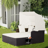 RELAX4LIFE Patio Outdoor Daybed with Canopy, Wicker Sunbed w/Cushions, 4 Pillows & 2 Retractable Side Trays - Photo 7