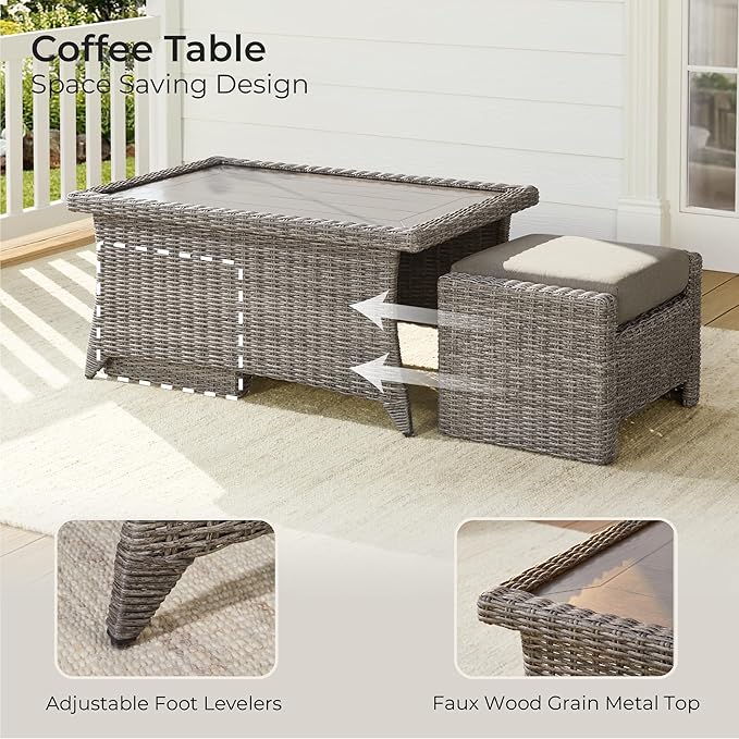 CHITA Patio Wicker Coffee Table with Fully Wrapped Edges, Outdoor Rattan Rectangular Coffee Table for Backyard, Balcony, Apartment, or Porch