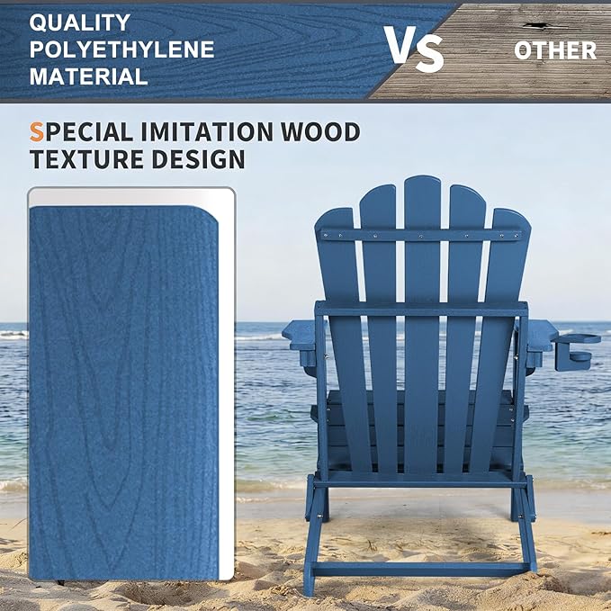 FUNBERRY Folding Adirondack Chairs Set of 2, All Weather HDPE Wood Texture Fire Pit Chairs with Cup Holder for Outdoor