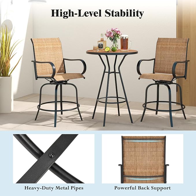 Tangkula Outdoor Swivel Bar Stools Set of 4, Bar Height Tall Patio Chairs with Armrests & High Back - Photo 7
