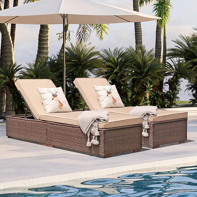 JOIVI Outdoor Chaise Lounge Chair Set of 2, 2 Pieces All-Weather PE Wicker Patio Chairs Pool Lounge Chairs for Outside, Brown Rattan Reclining Outdoor Chair with Adjustable Backrest & Beige Cushion