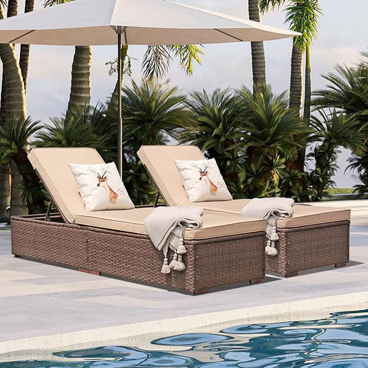 JOIVI Outdoor Chaise Lounge Chair Set of 2, 2 Pieces All-Weather PE Wicker Patio Chairs Pool Lounge Chairs for Outside, Brown Rattan Reclining Outdoor Chair with Adjustable Backrest & Beige Cushion