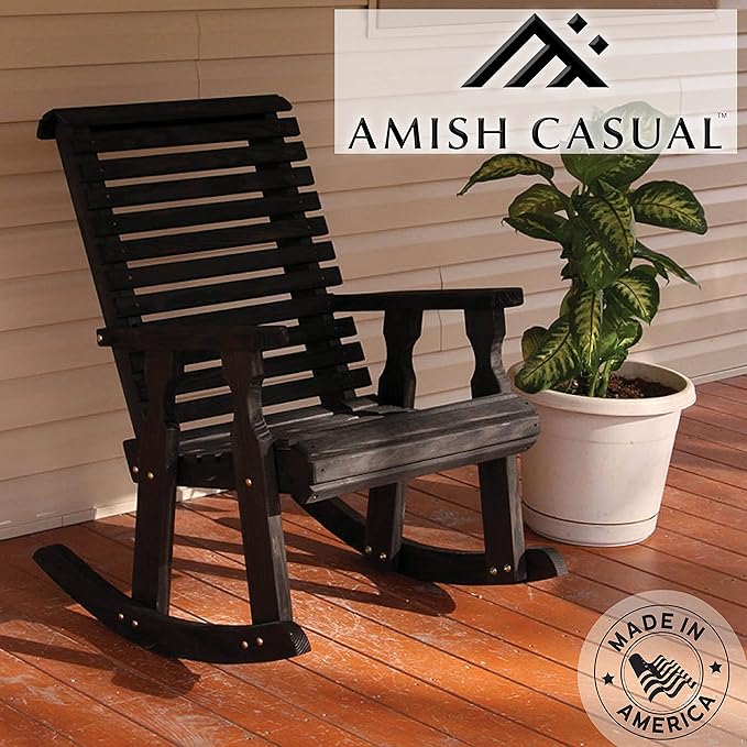 Amish Heavy Duty 600 Lb Roll Back Pressure Treated Rocking Chair (Semi-Solid Black Stain)
