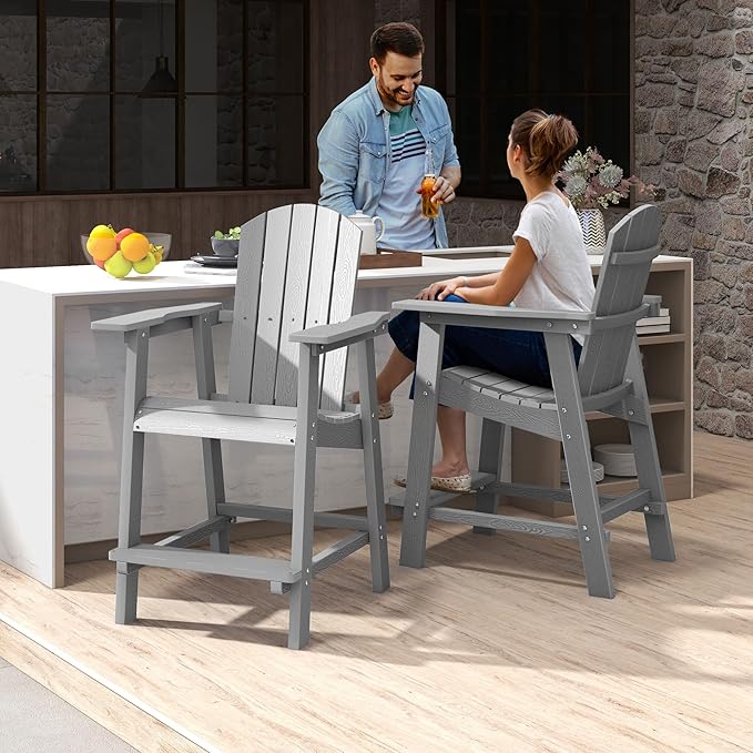 YITAHOME Tall Adirondack Chair Set of 2, Poly Bar Height Balcony Seating, HIPS High Back Outdoor Chairs, Bar Stools Lifeguard Chair for Balcony Deck Pool Patio, Grey