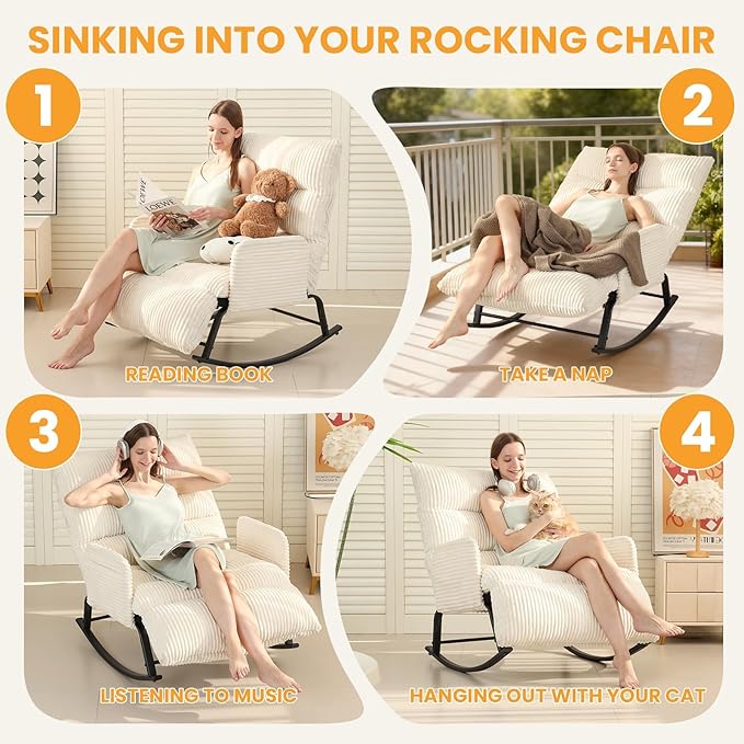 Oversized Rocking Chair with Adjustable Backrest and Footrest, Outdoor Reading Chair - Chaise Lounge Chair Indoor, Comfy Corduroy Rocking Chair for Patio, Porch, Balcony, Living Room