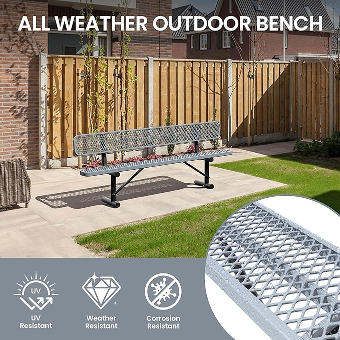 8 Feet Steel Park Bench for Outside, Outdoor Bench with Backrest & Portable Frame, Commercial Benches for Shopping Malls, Stores, Parks, Patios, Decks, Grey