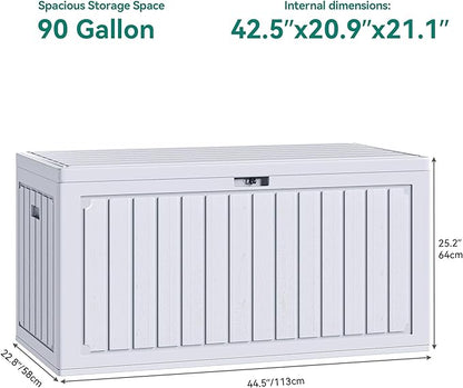 YITAHOME 90 Gallon Large Deck Box, Double-Wall Resin Outdoor Storage Boxes, Deck Storage for Patio Furniture, Cushions, Pool Float, Garden Tools, Lockable & Waterproof (White)