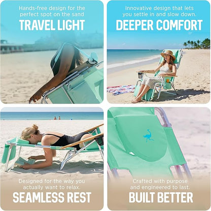 Ostrich the Deluxe 3N1 Reclining Lounge Chair, Folding Outdoor Lounger and Extra-Wide Beach Chair with Wooden Armrests and Face Hole, Teal