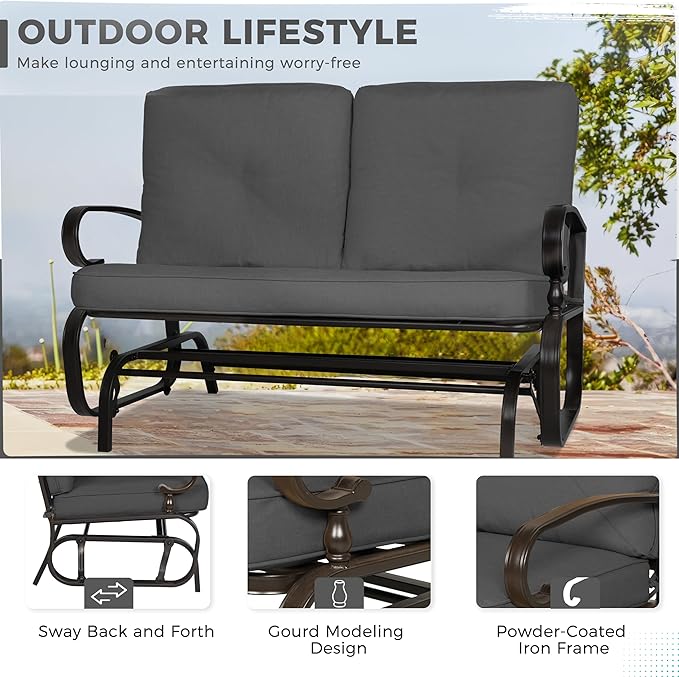 Crownland Outdoor Patio Textilene Glider Chair, Rocking Glider Bench for 2 Person, Porch Loveseat Seating with Cushion - Photo 5