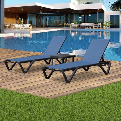 Domi Outdoor Lounge Chair, Aluminum Plastic Patio Chaise Lounge with Side Table & 5 Position Adjustable Backrest & Wheels, All Weather Pool Reclining Chair for Outside Beach Poolside Lawn, Navy Blue