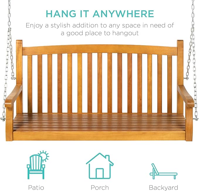 Best Choice Products 48in Wood Porch Swing Outdoor Patio Hanging Bench Chair Furniture for Deck, Garden - Photo 5