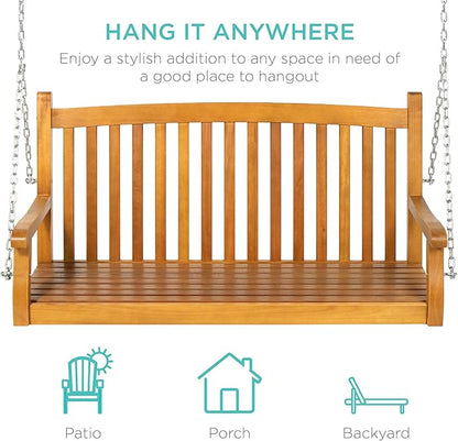 Best Choice Products 48in Wood Porch Swing Outdoor Patio Hanging Bench Chair Furniture for Deck, Garden, Yard w/Mounting Chains, Curved Back Design, 500lb Weight Capacity - Brown