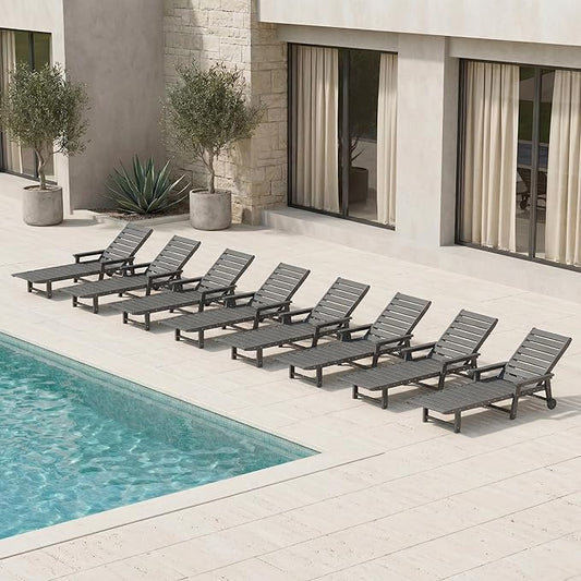 Adjustable Lounge Chair Outdoor Set of 8, HDPE Outdoor Chaise Lounge with Cup Holder & Wheels, Pool Lounge Chairs for Poolside, Backyard Pool, Patio, Beach, Deck, (Gray)