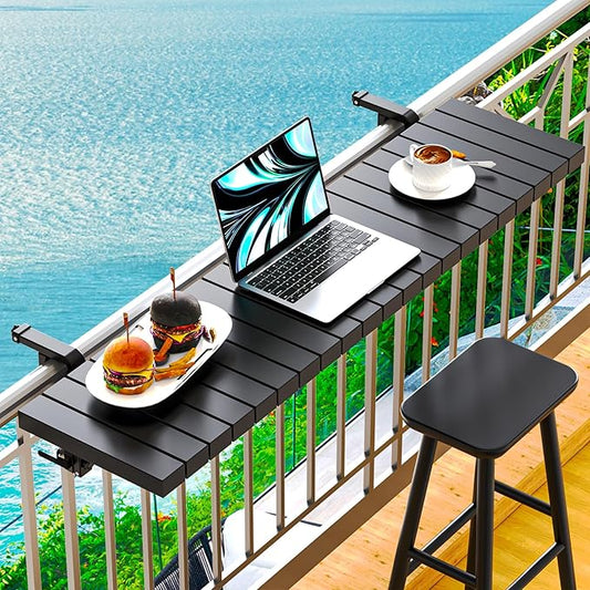Balcony Bar Table for Railings, Hyperzoo Outdoor Patio Bar, Heavy-Duty Galvanized Iron 49"×9.6" Balcony Side Table, Holds 110 lbs, Adjustable，Easy Assembly，Fits 4.4" or Less Top Rail（Black）