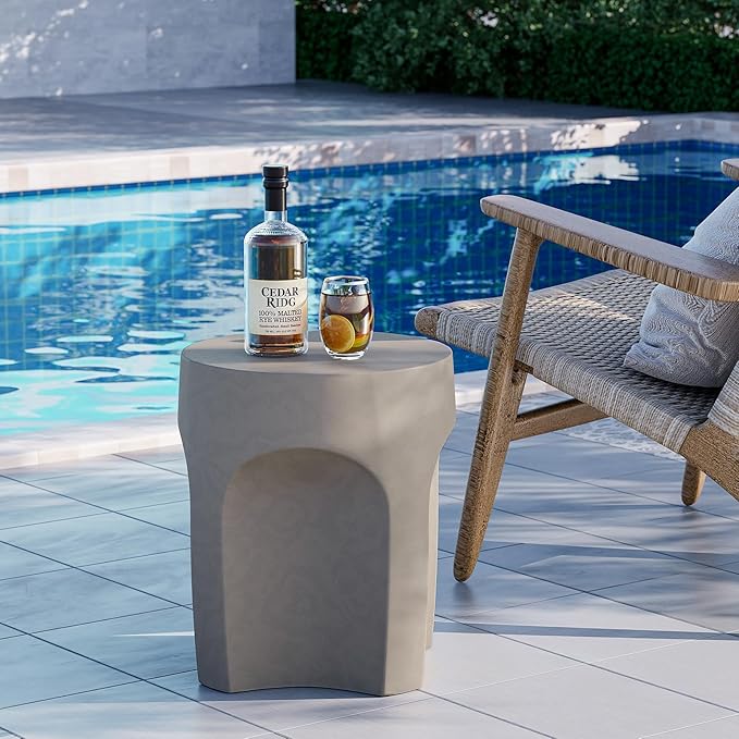 SUNBURY Outdoor Side Tables for Patio Set of 2, Concrete Accent End Table, Indoor Small Round Patio End Table, Garden Stools for Yard, Arch Shape Cement Color