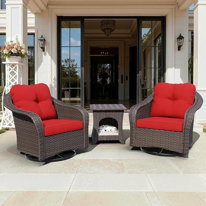 Wicker Swivel Rocking Chairs Set 2 with Storage Side Table - Outdoor Brown Wicker Swivel Glider Chair Outdoor Rocking Chair with Water-Resistant Cushions, Red