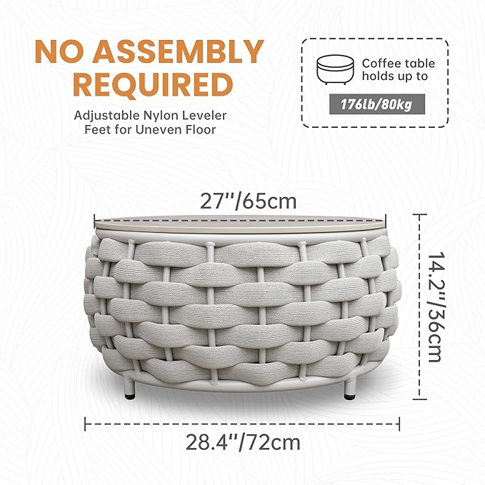 Short Round Patio Coffee Table: Hand Woven Rope Side Tables Assembled - Aluminum Outdoor Accent Table Modern - Metal - Photo 2