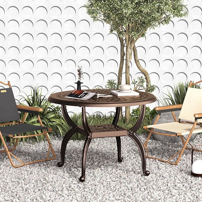 Round Outdoor Coffee Table Set of 2, Cast Aluminum Side Table with Storage,Indoor End Table, All-Weather Bistro Table for Patio Garden Lawn, Bronze