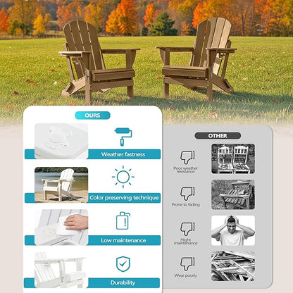 Folding Outdoor Adirondack Chairs Set of 1 with HDPE Side Tables-Plastic Weather Resistant Patio Chairs with Small Outdoor Side Tables 2 Storage for Patio,Fire Pit, Garden and Backyard