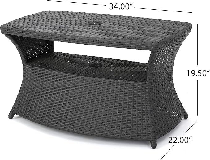 Outdoor Rattan Side Table with Umbrella Hole, All Weather 2 Tier Rattan Wicker Coffee End Table with Storage Shelf for Garden Porch Deck Backyard, No Assembly Required (Grey)