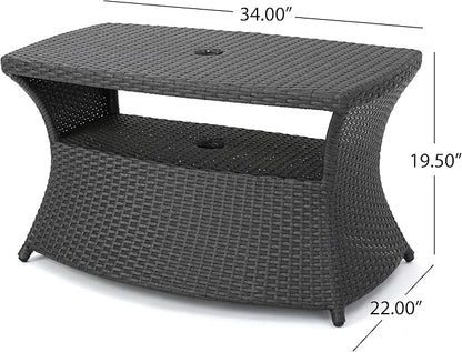 Outdoor Rattan Side Table with Umbrella Hole, All Weather 2 Tier Rattan Wicker Coffee End Table with Storage Shelf for Garden Porch Deck Backyard, No Assembly Required (Grey)