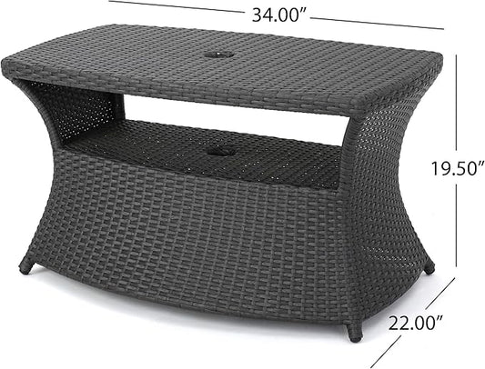 Outdoor Rattan Side Table with Umbrella Hole, All Weather 2 Tier Rattan Wicker Coffee End Table with Storage Shelf for Garden Porch Deck Backyard, No Assembly Required (Grey)