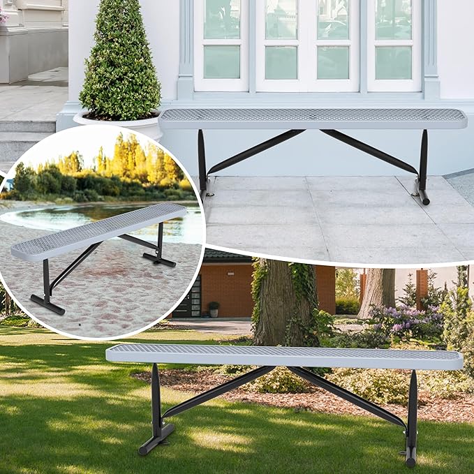 Outdoor Garden Benches, 6 ft Steel Picnic Bench Porch Chair Furniture Patio Seating, Commercial Expanded Metal Mesh Bench for Outside, Lawn, Backyard, Park, Deck, Garden, Patio, School (Grey, 6FT)