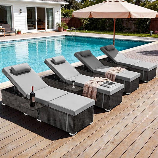 Outdoor Chaise Lounge with Adjustable Backrest Set of 4, 6-Position Reclining Lounger Pool Chair, Thick 3-Inch Cushion & Side Tray, All-Weather PE Wicker for Outdoor, Backyard, Deck (Gray)