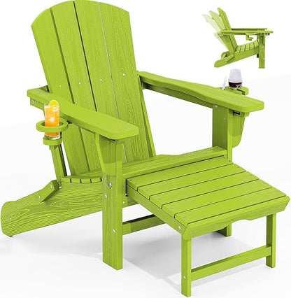 KINGYES Folding Adjustable Adirondack Chair with Ottoman, HDPE Adirondack Recliner Chair with Footrest, Apple