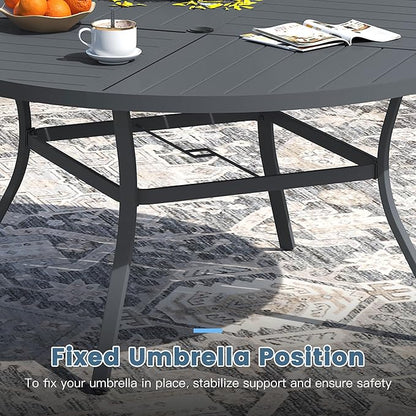 DIFY 50" Round Outdoor Patio Dining Table for 6, All-Weather Metal Steel Slatted Patio Table with 1.57" Adjustable Umbrella Hole, for Lawn Garden Porch Backyard, Grey