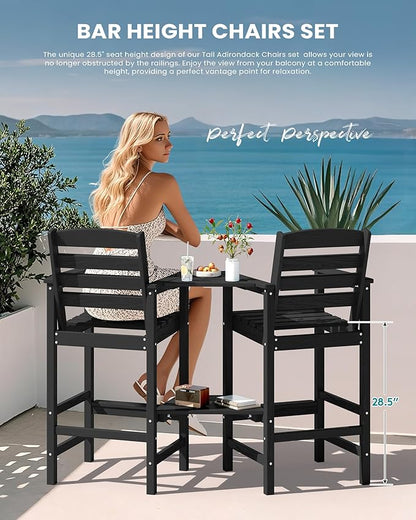 SERWALL Tall Adirondack Chairs Set of 2 with Connecting Table, All Weather Outdoor Barstools, Black