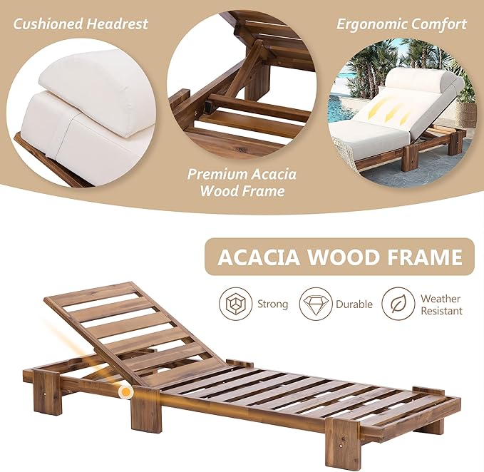 78.8'' Outdoor Patio Chaise Lounge Chair, Acacia Wood Adjustable Recliner with Headrest, Perfect for Terrace, Poolside - Photo 5
